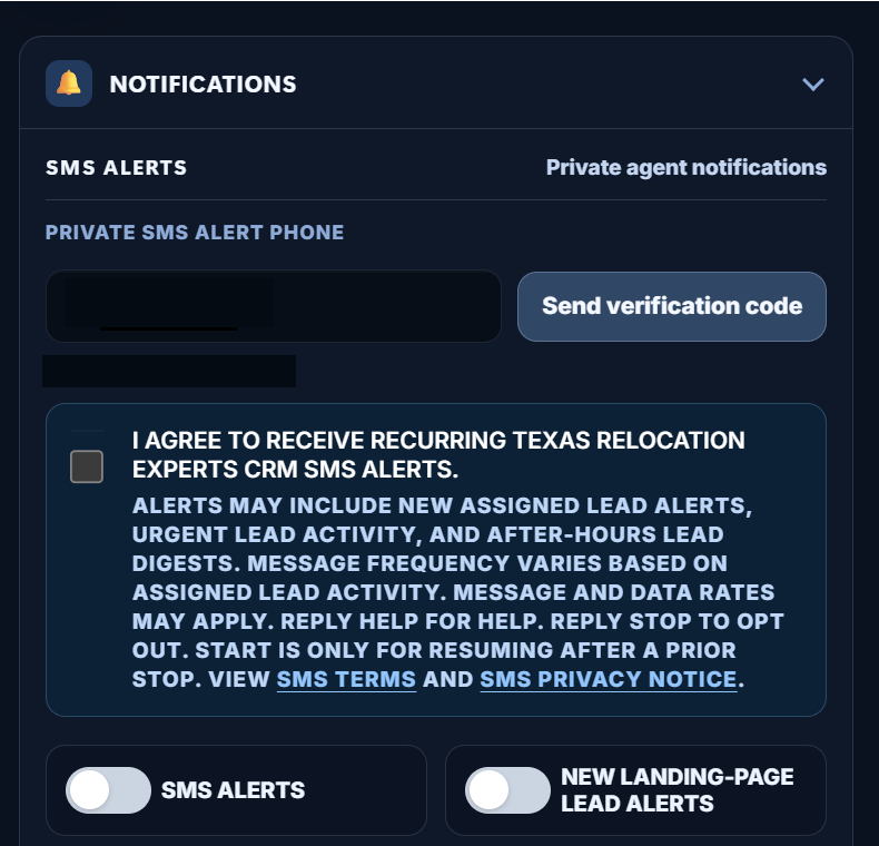 Cropped and redacted Profile Settings Notifications SMS Alerts proof showing the phone field, consent checkbox, disclosure copy, and Send Verification Code button.